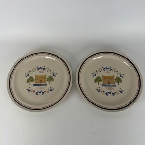 Vintage Newcor Homespun Stoneware Dinner Plates Log Cabin Bluebird Set of 2 5003